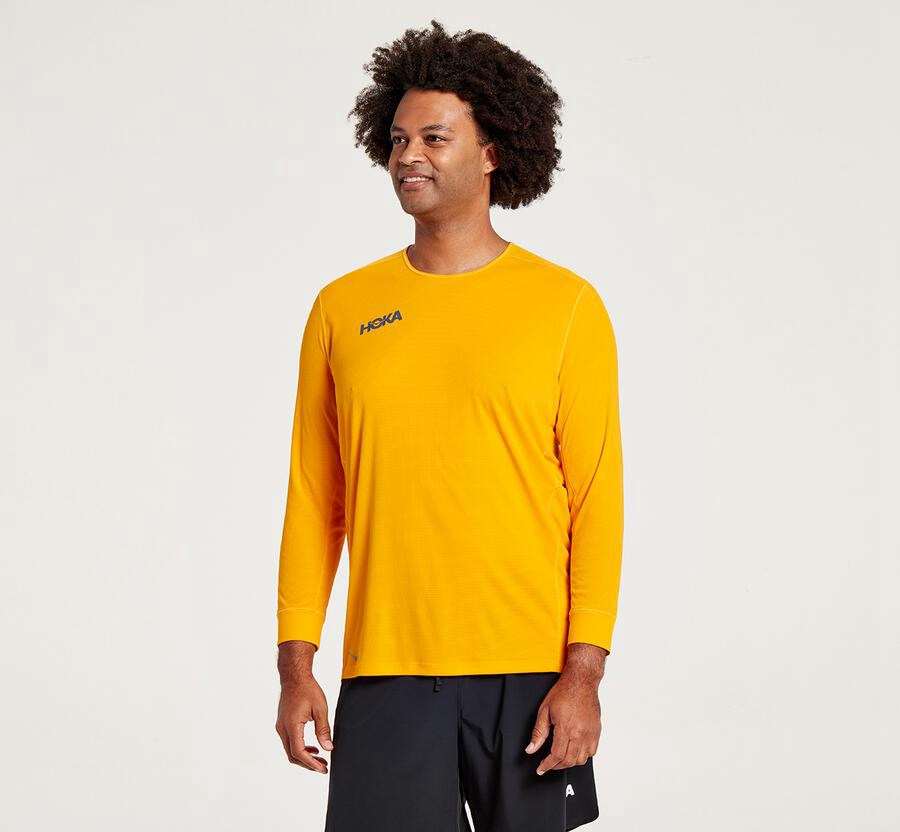 Hoka Australia One One Performance 3/4 Sleeve - Mens Tops Yellow - TDWXB-4058